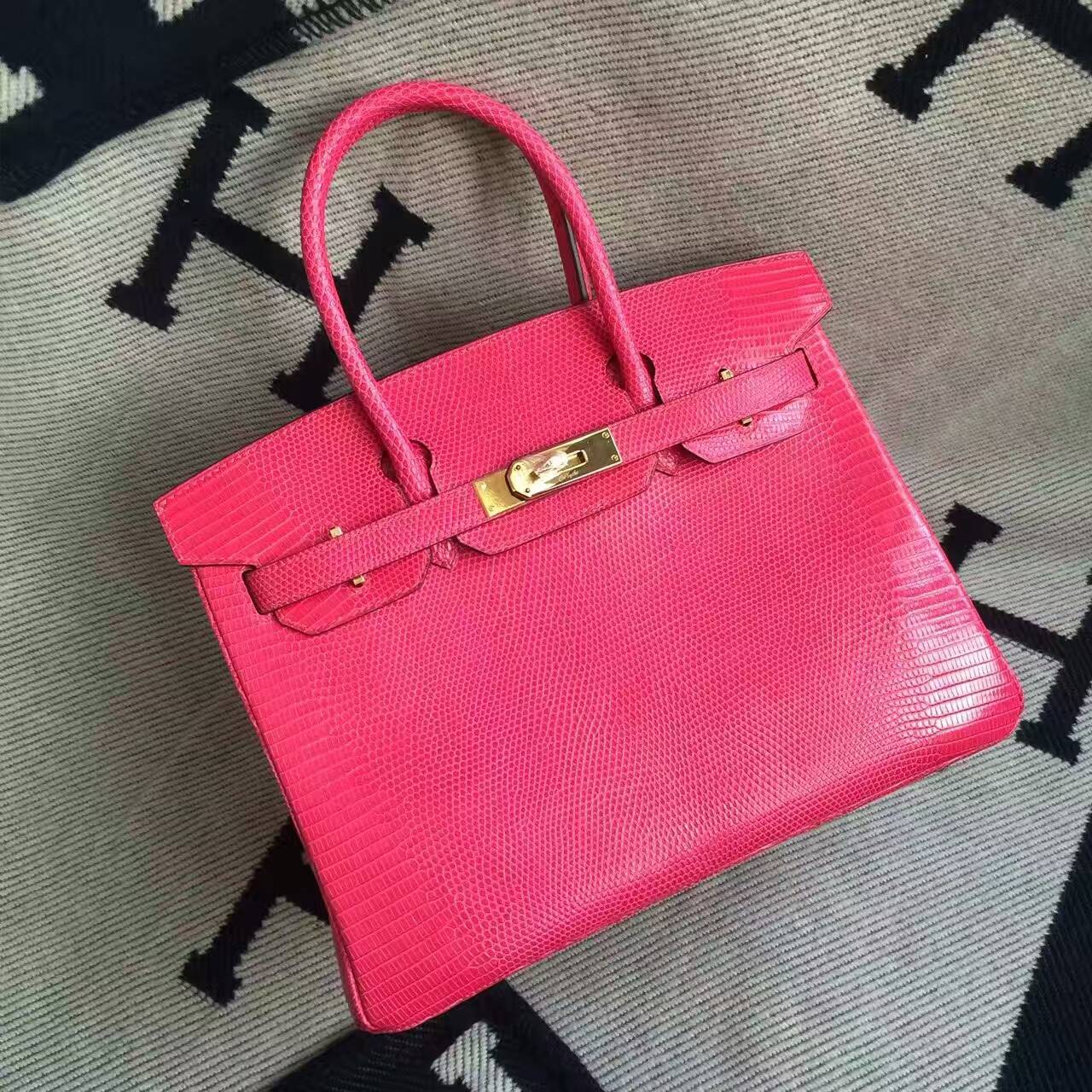 Women’s Handbag Hermes Hot Pink Shiny Lizard Leather Birkin Bag 30cm