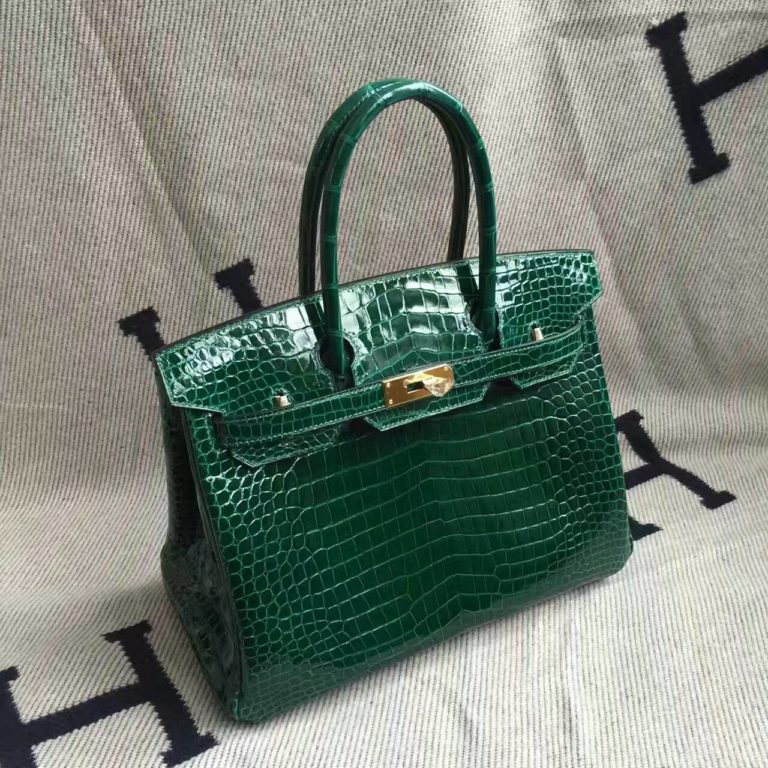 Hermes Emerald Green Crocodile Shiny Leather Birkin Bag 30cm