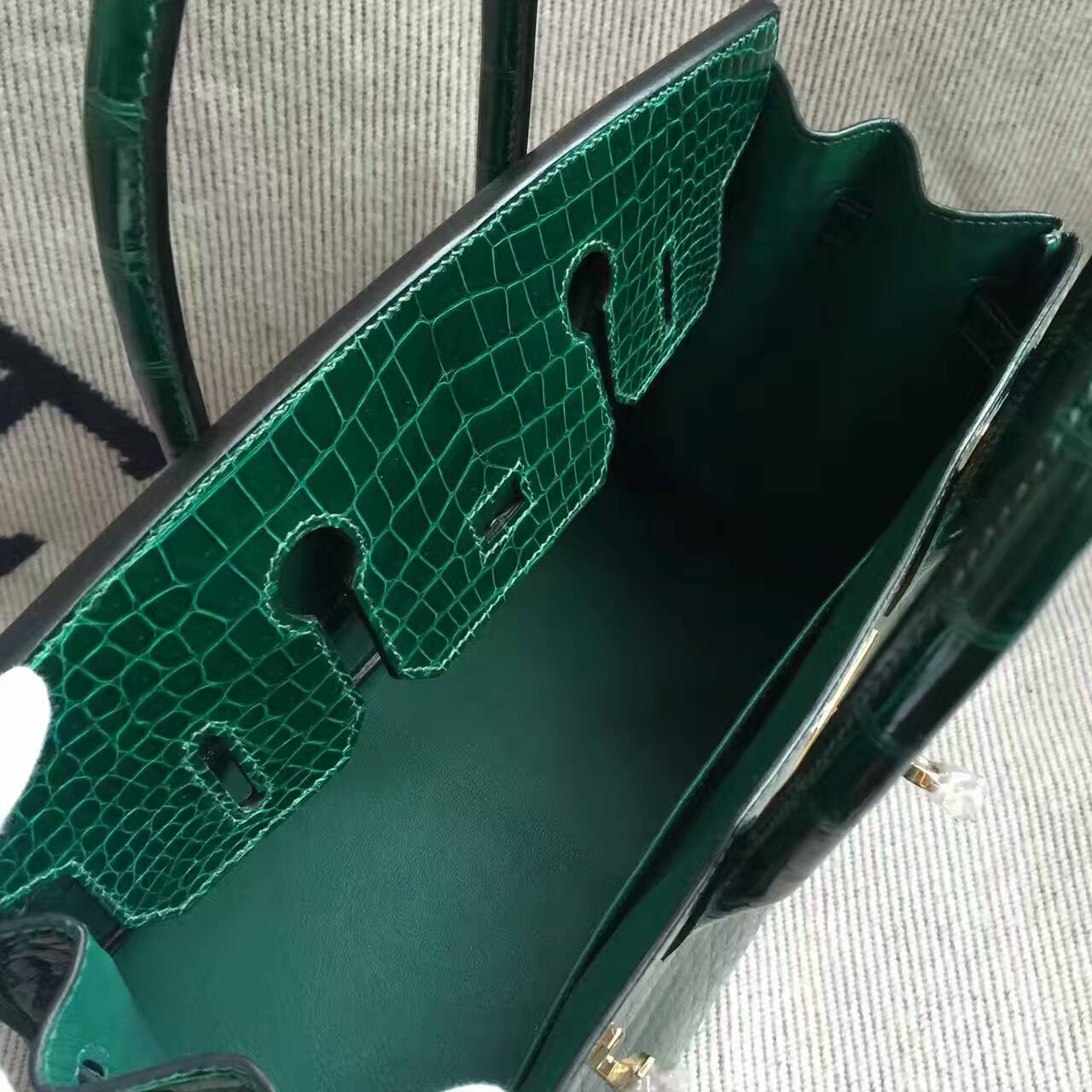 Noble Hermes Emerald Green Crocodile Shiny Leather Birkin Bag30cm