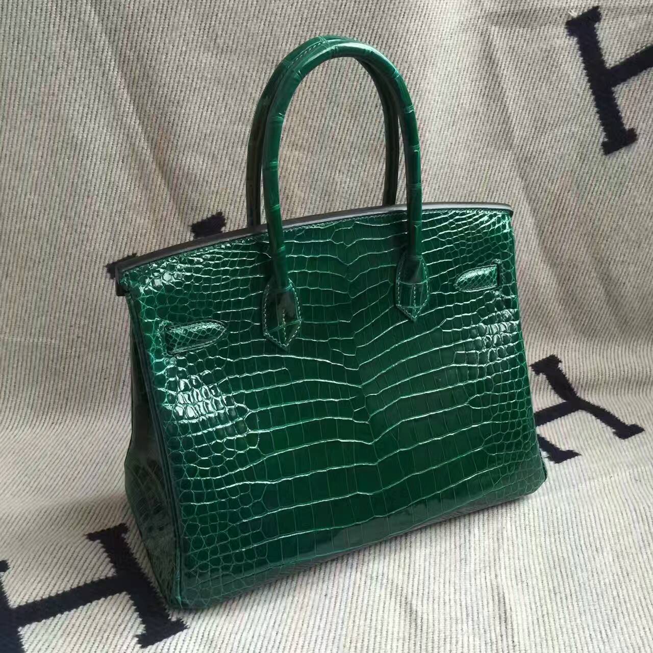 Noble Hermes Emerald Green Crocodile Shiny Leather Birkin Bag30cm