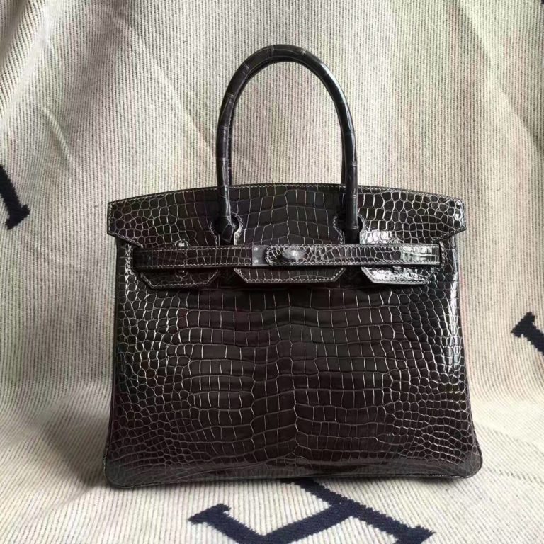 Hermes 88 Graphite Grey Crocodile Shiny Leather Birkin Bag  30cm