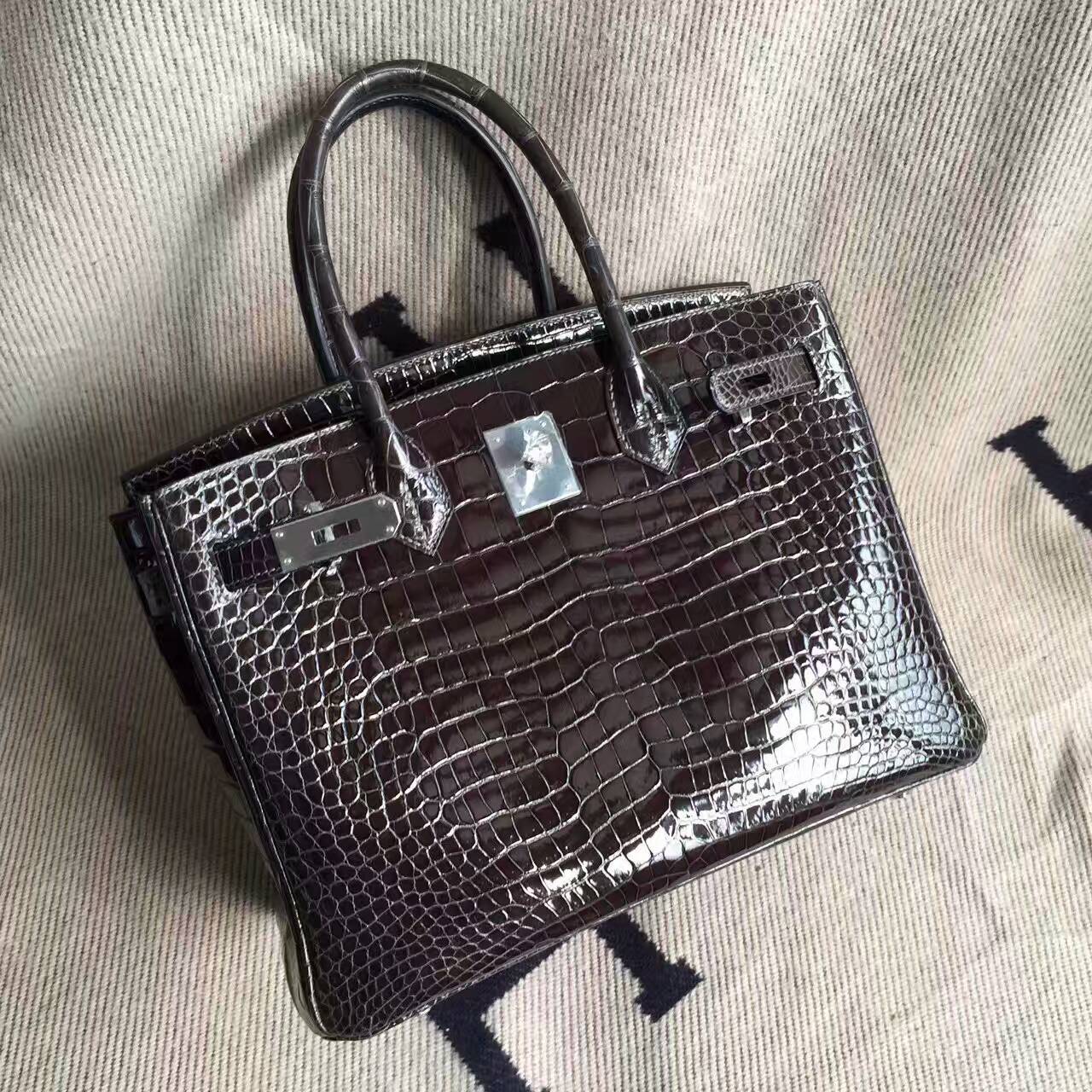 Discount Hermes 88 Graphite Grey Crocodile Shiny Leather Birkin Bag 30cm