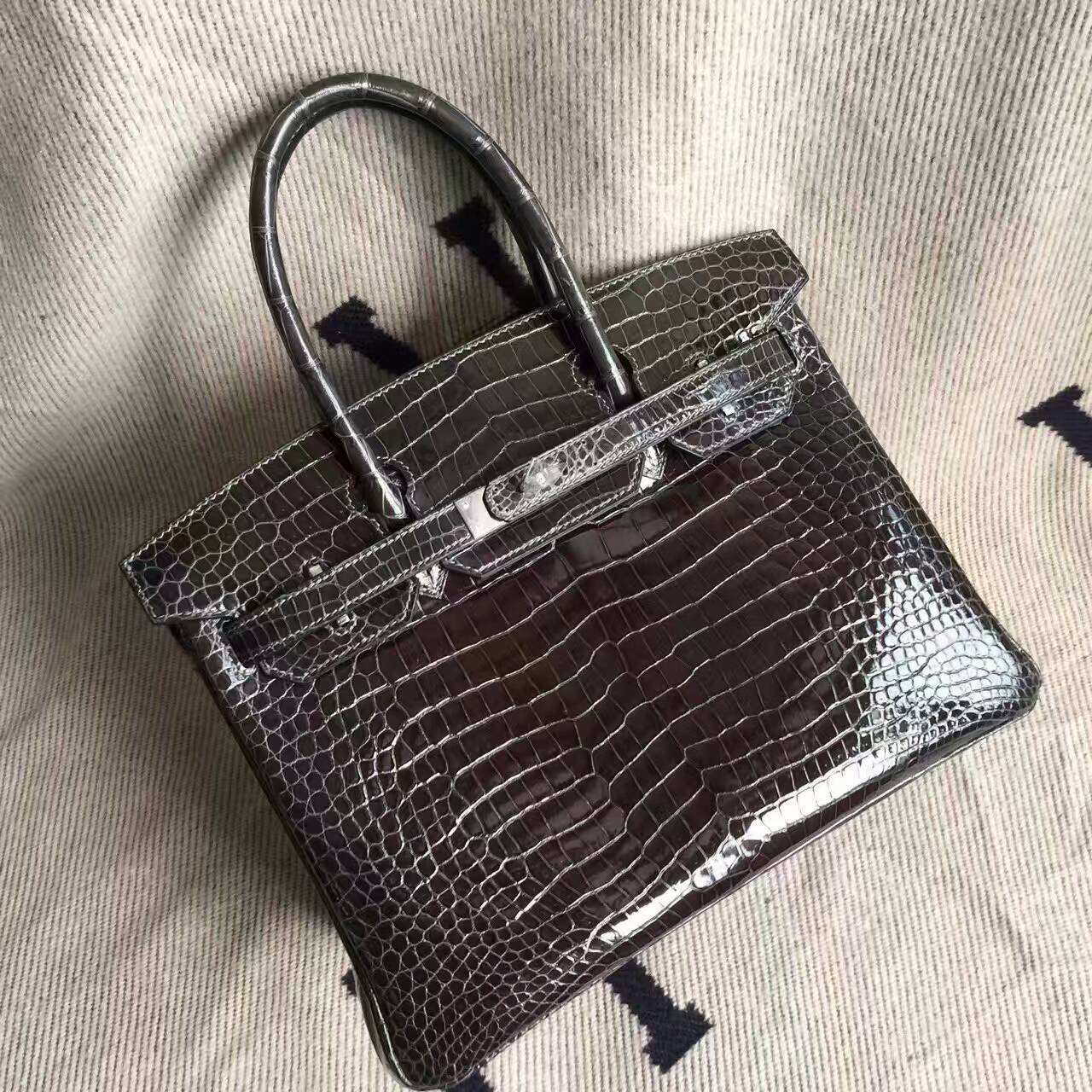Discount Hermes 88 Graphite Grey Crocodile Shiny Leather Birkin Bag 30cm