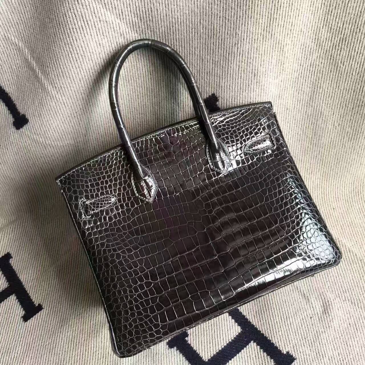 Discount Hermes 88 Graphite Grey Crocodile Shiny Leather Birkin Bag 30cm