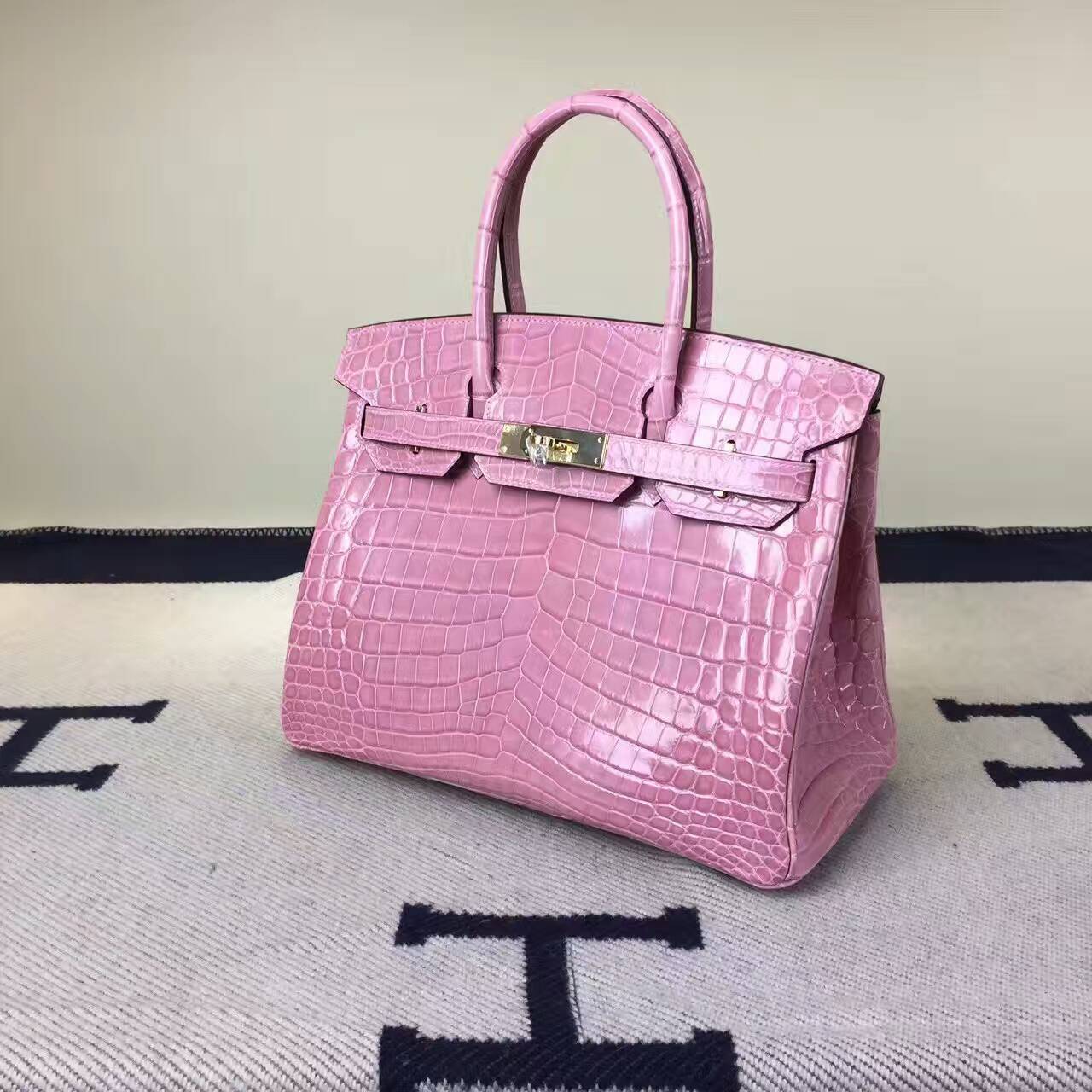 Hand Stitching Hermes 5Z Rose Indienne Crocodile Shiny Leathe Birkin Bag 30cm