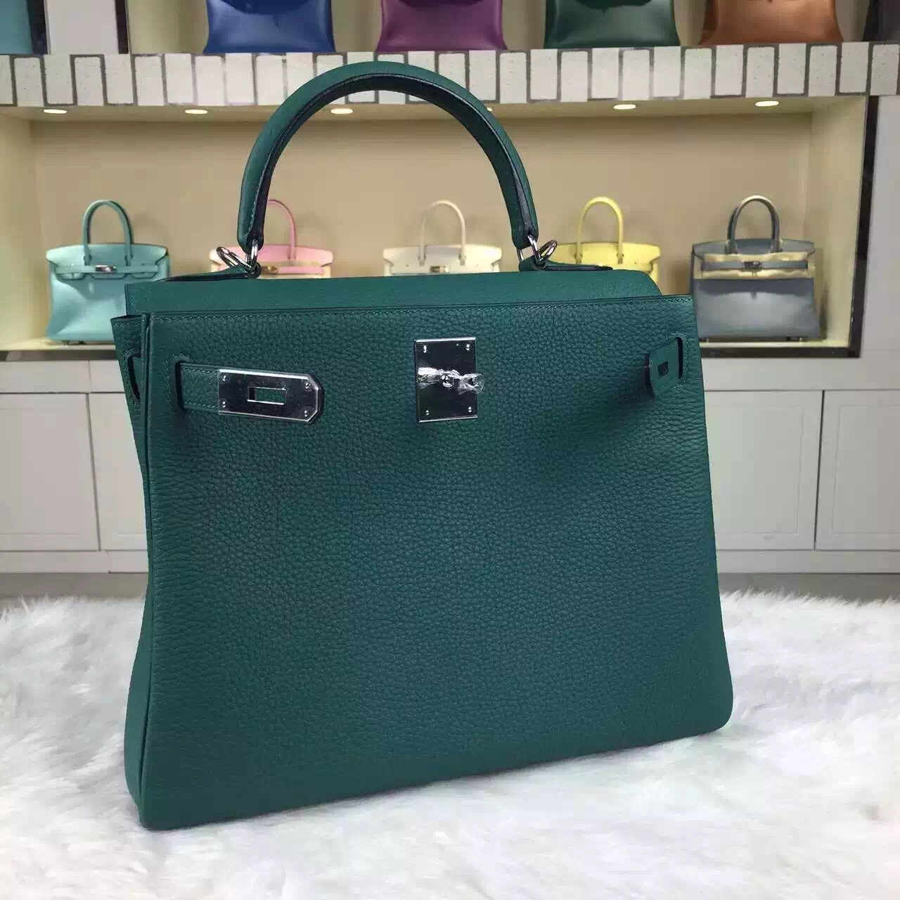 Discount Hermes Z6 Malachite Green Togo Leather Kelly Bag28CM
