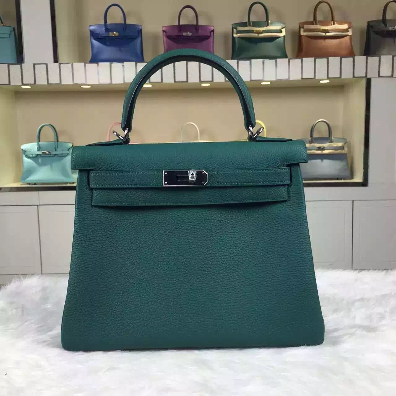 Luxury Women’s Bag Hermes Z6 Malachite Green Kelly Bag 28CM Togo Leather