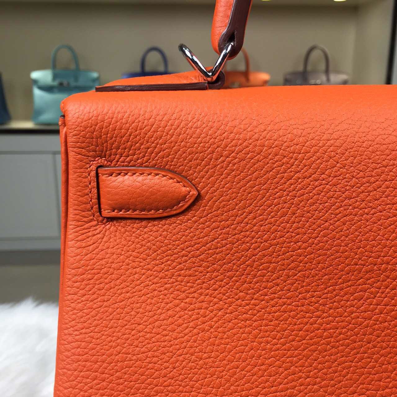 Hand Stitching Hermes Orange Togo Leather Kelly Bag28CM Retourne