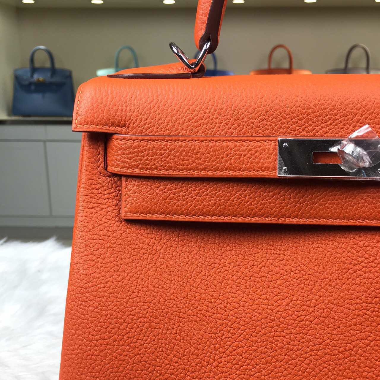 Hand Stitching Hermes Orange Togo Leather Kelly Bag28CM Retourne