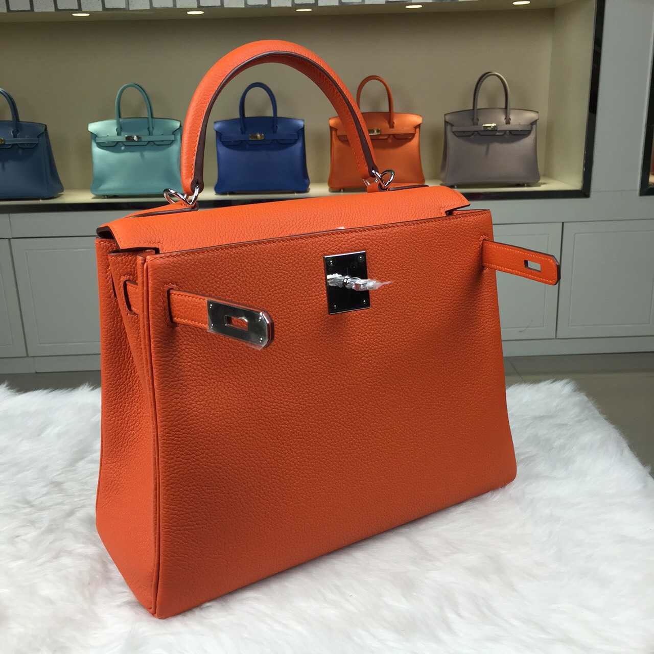 Hand Stitching Hermes Orange Togo Leather Kelly Bag28CM Retourne