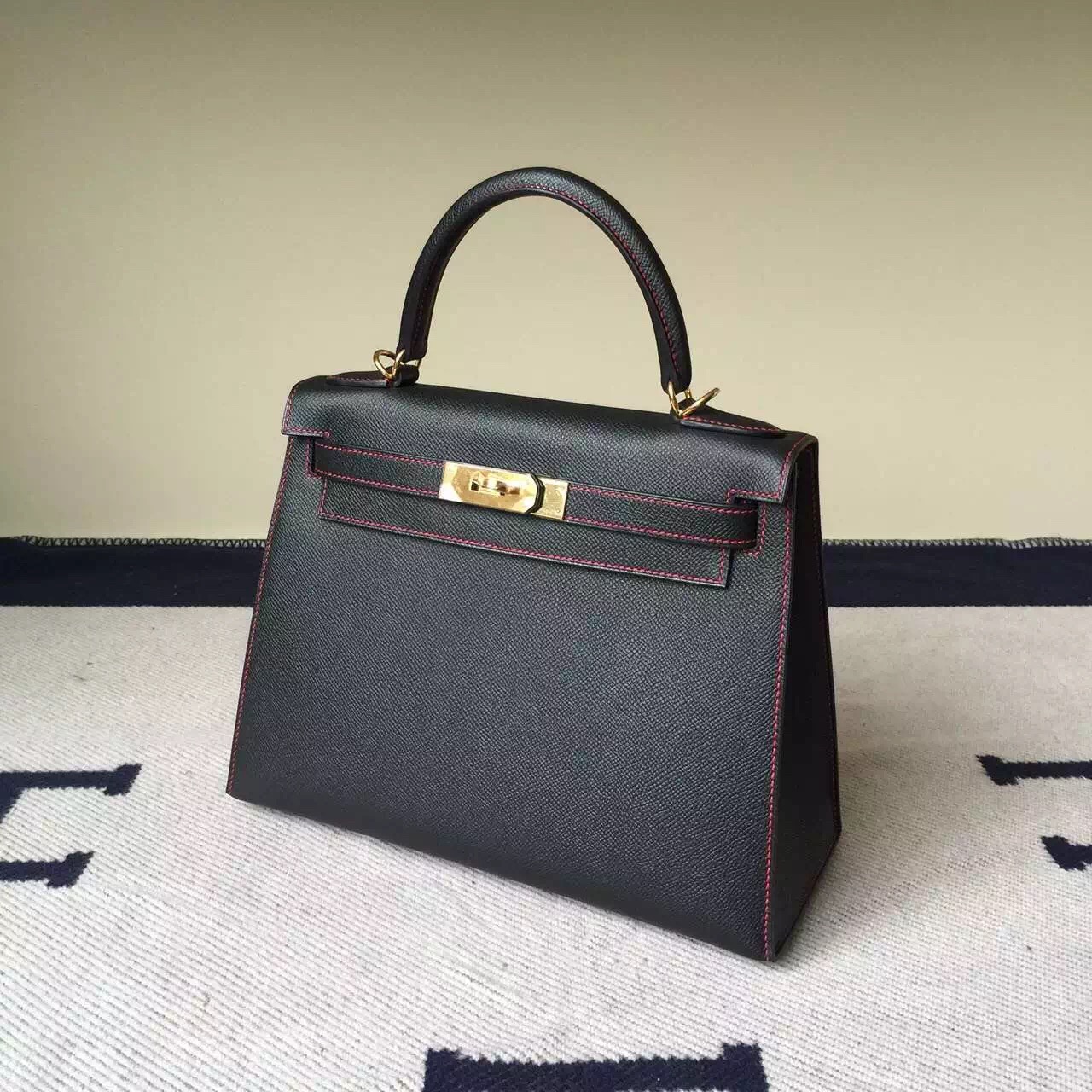 Hand Stitching Hermes Kelly28cm CK89 Black/Q5 Rouge Casaque Epsom Leather