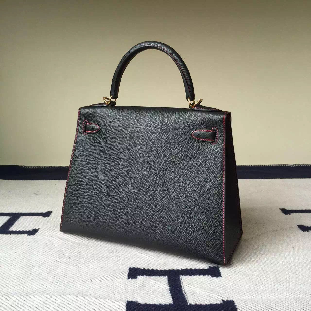 Hand Stitching Hermes Kelly28cm CK89 Black/Q5 Rouge Casaque Epsom Leather