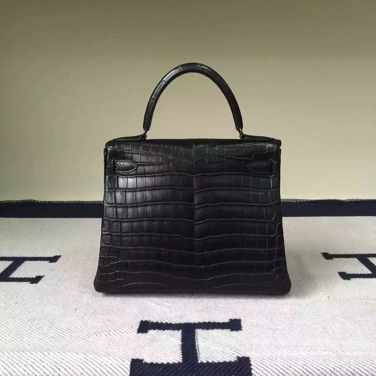 Wholesale Hermes Kelly Bag28cm CK89 Black Crocodile Matt Leather Black Hardware