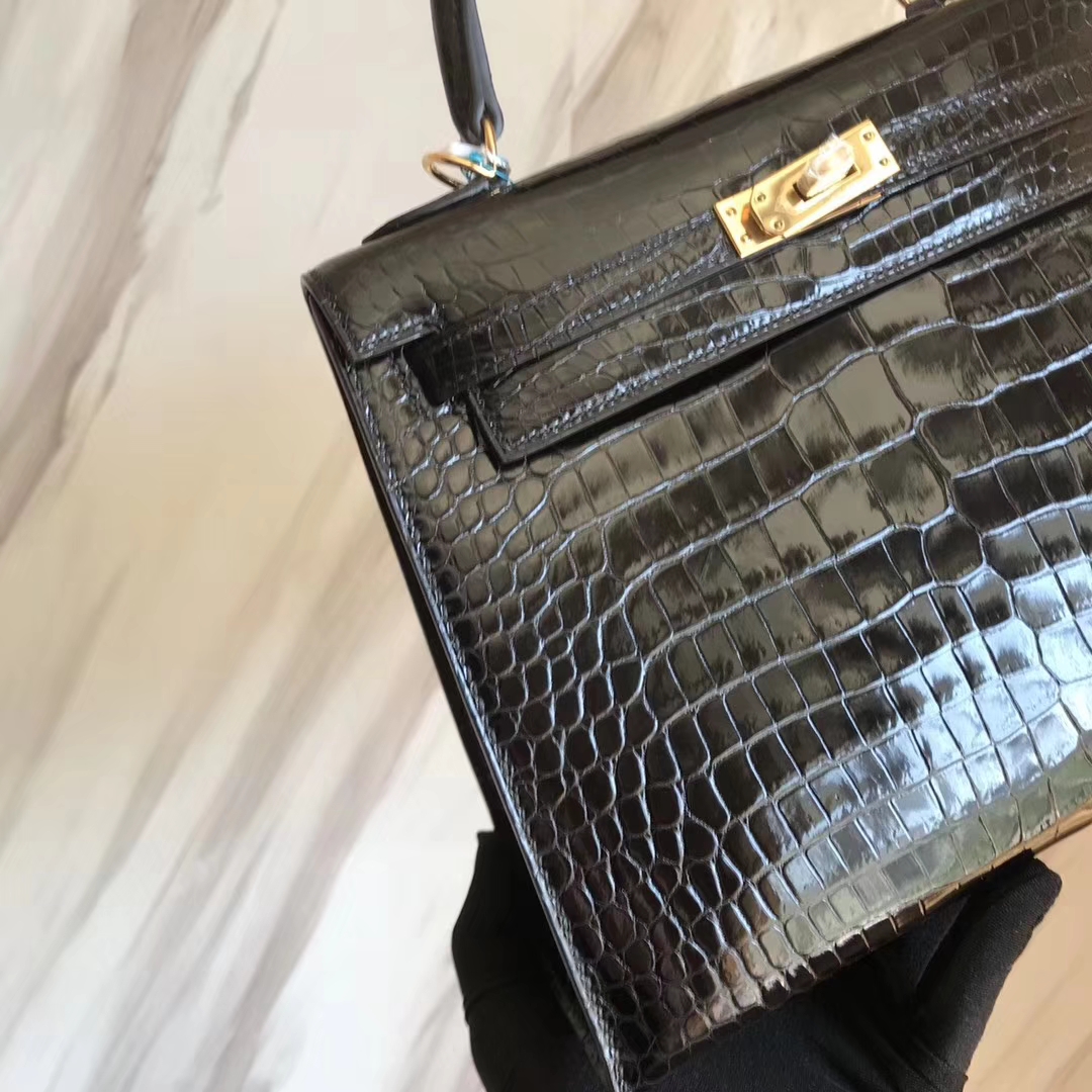 Elegant Hermes CK89 Black Shiny Crocodile Kelly Bag25CM Gold Hardware