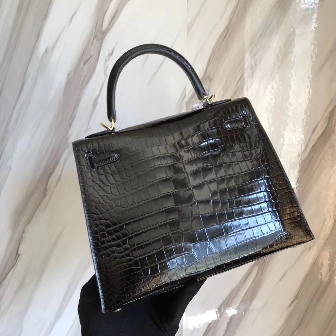 Elegant Hermes CK89 Black Shiny Crocodile Kelly Bag25CM Gold Hardware