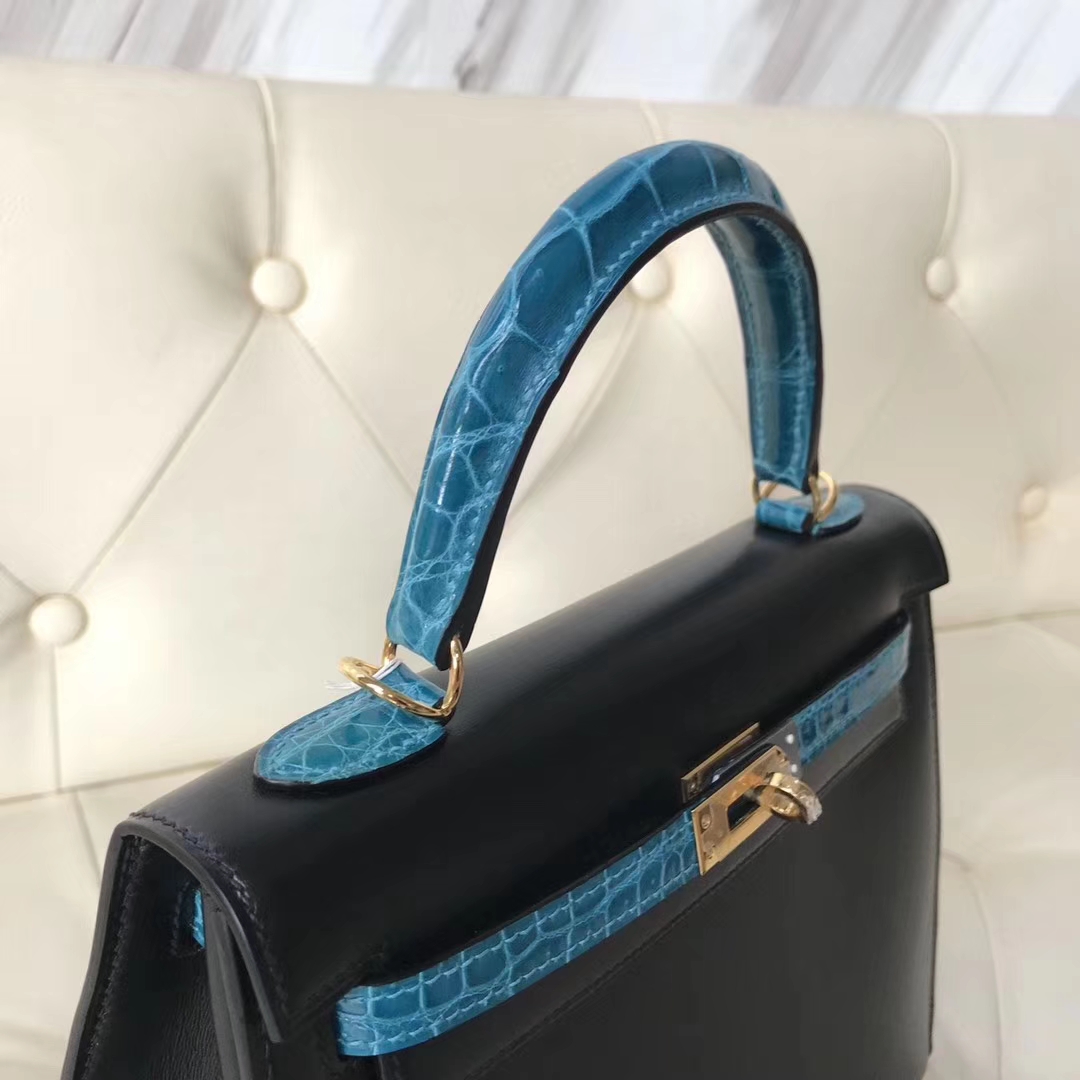 Luxury Hermes CK89 Black Box Calf &#038; 7W Blue Izmir Crocodile Leather Kelly Bag25CM