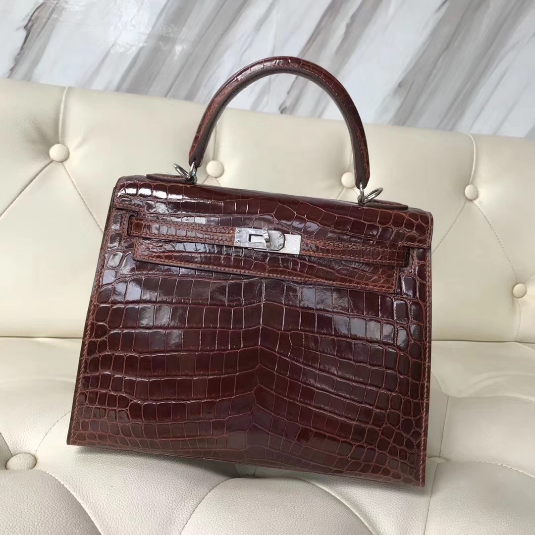 Elegant Hermes CK31 Miel Brown Shiny Crocodile Kelly25CM Bag Silver Hardware