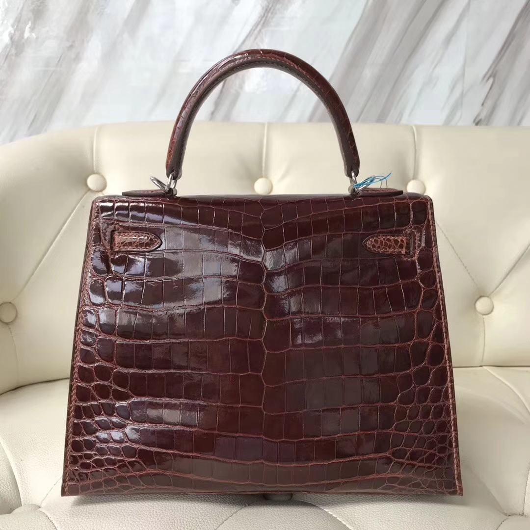 Elegant Hermes CK31 Miel Brown Shiny Crocodile Kelly25CM Bag Silver Hardware