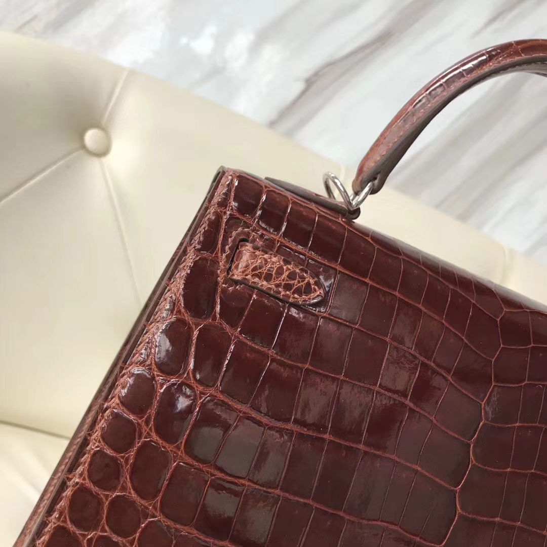Elegant Hermes CK31 Miel Brown Shiny Crocodile Kelly25CM Bag Silver Hardware