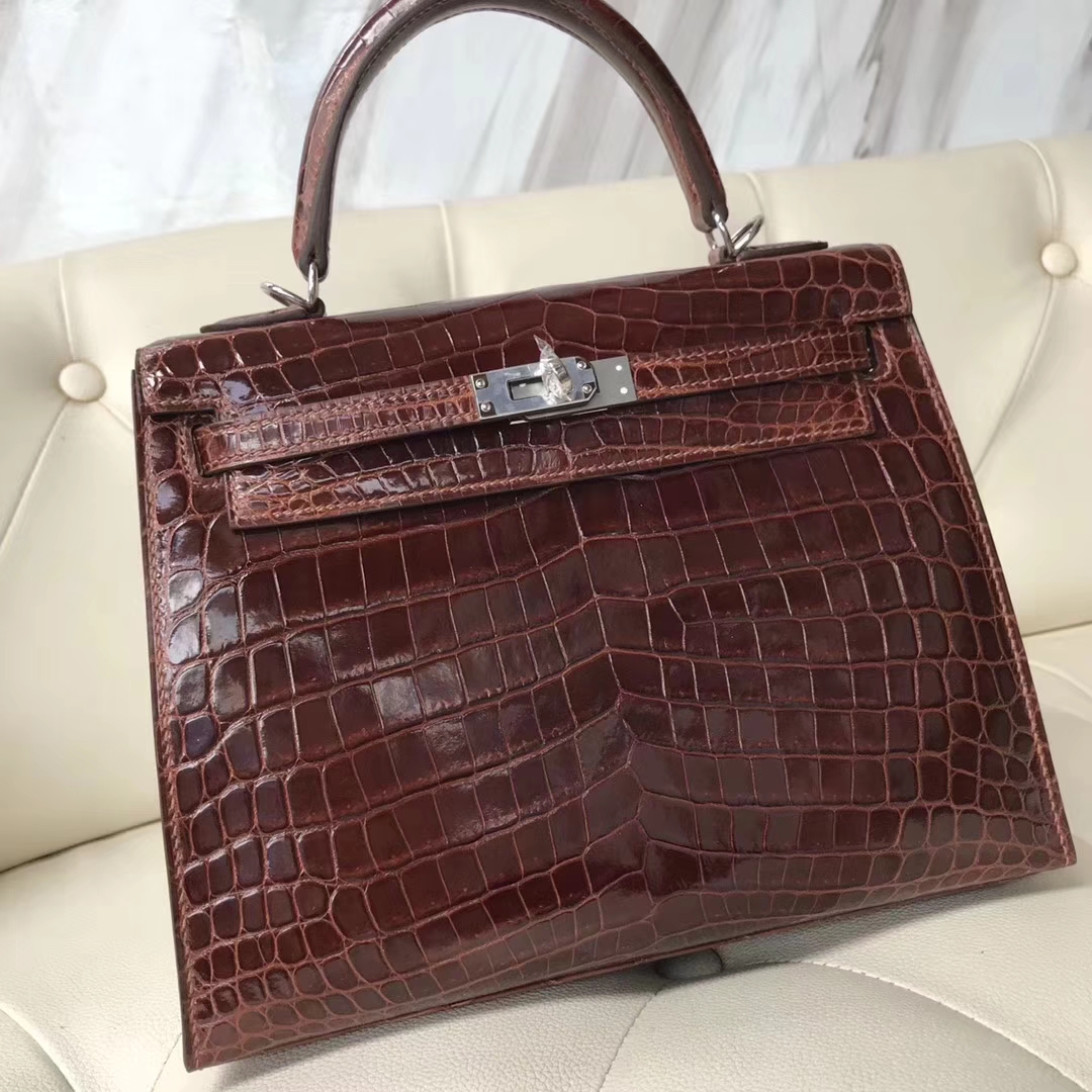 Elegant Hermes CK31 Miel Brown Shiny Crocodile Kelly25CM Bag Silver Hardware