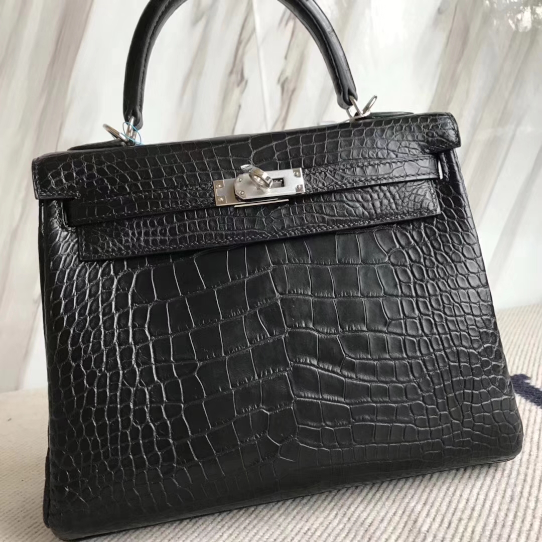 Discount Hermes CK89 Black Matt Alligator Crocodile Kelly Bag25CM Silver Hardware