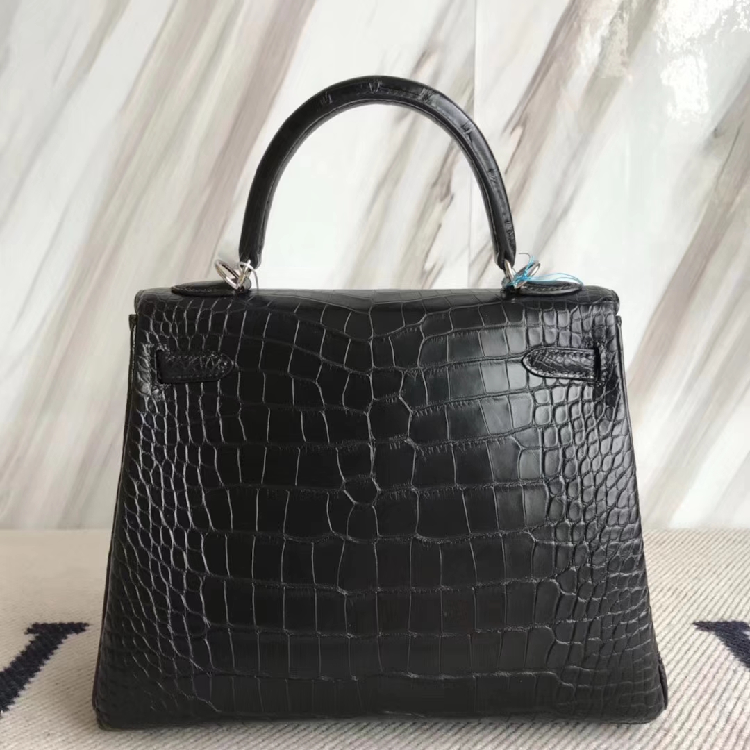 Discount Hermes CK89 Black Matt Alligator Crocodile Kelly Bag25CM Silver Hardware