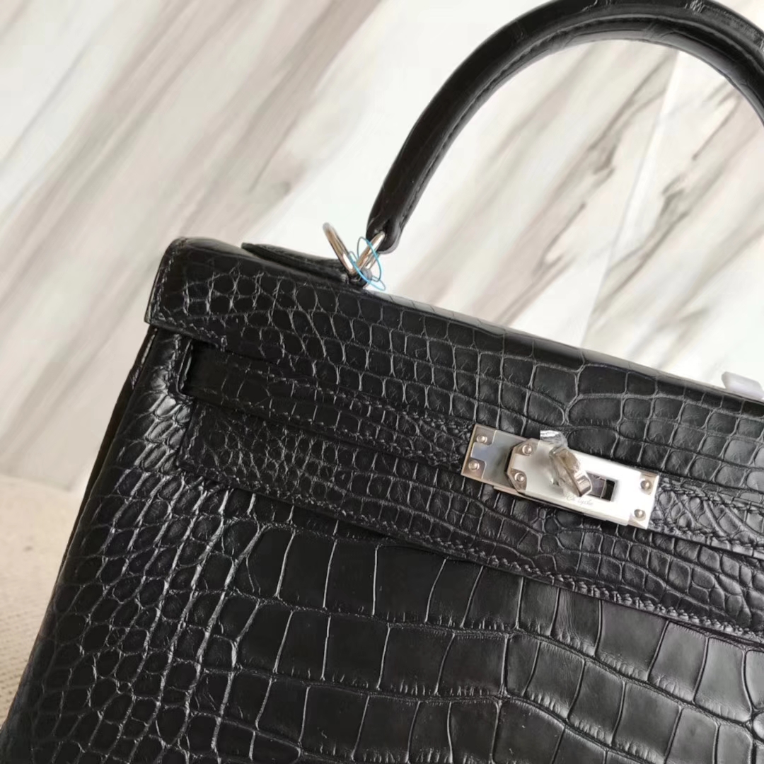 Discount Hermes CK89 Black Matt Alligator Crocodile Kelly Bag25CM Silver Hardware