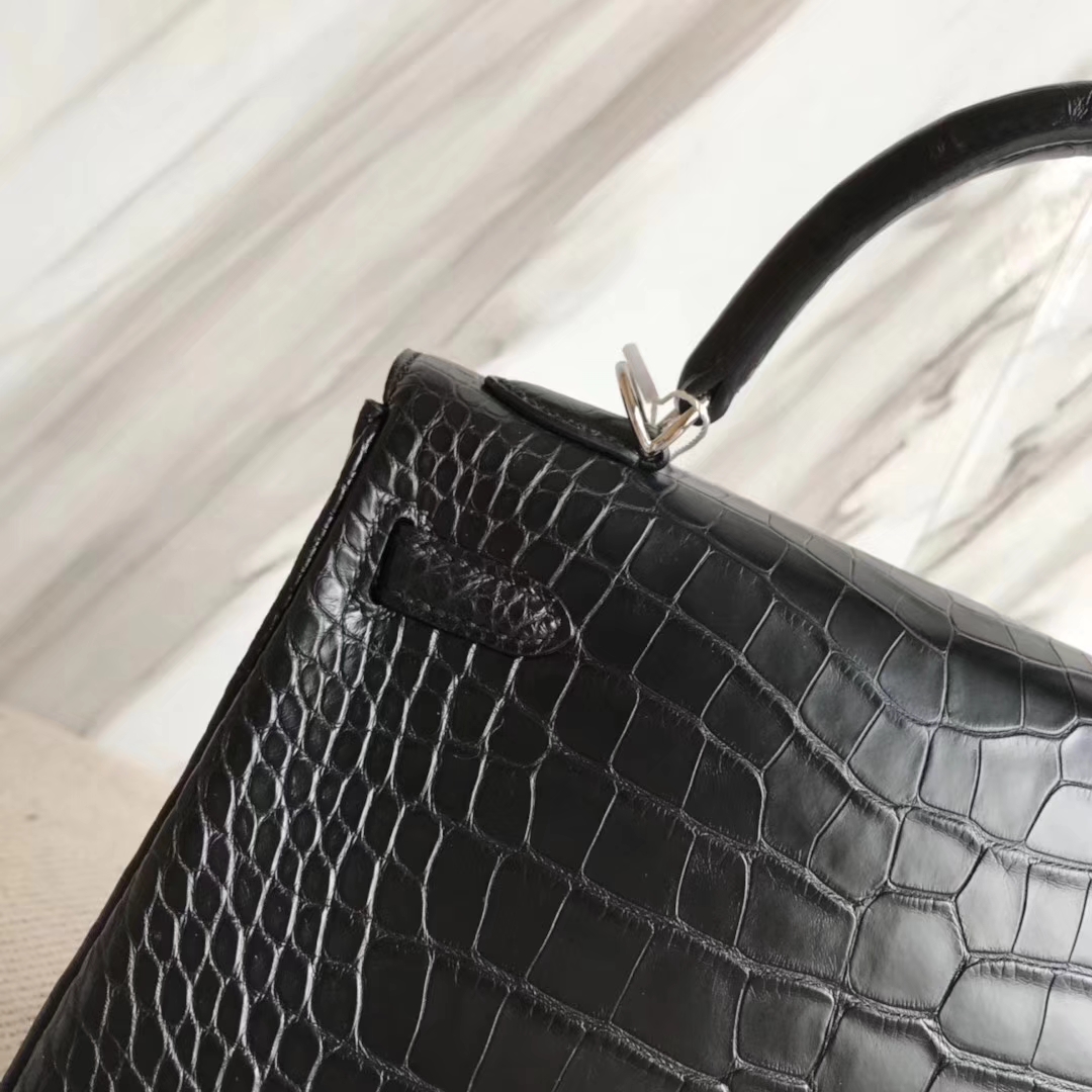 Discount Hermes CK89 Black Matt Alligator Crocodile Kelly Bag25CM Silver Hardware