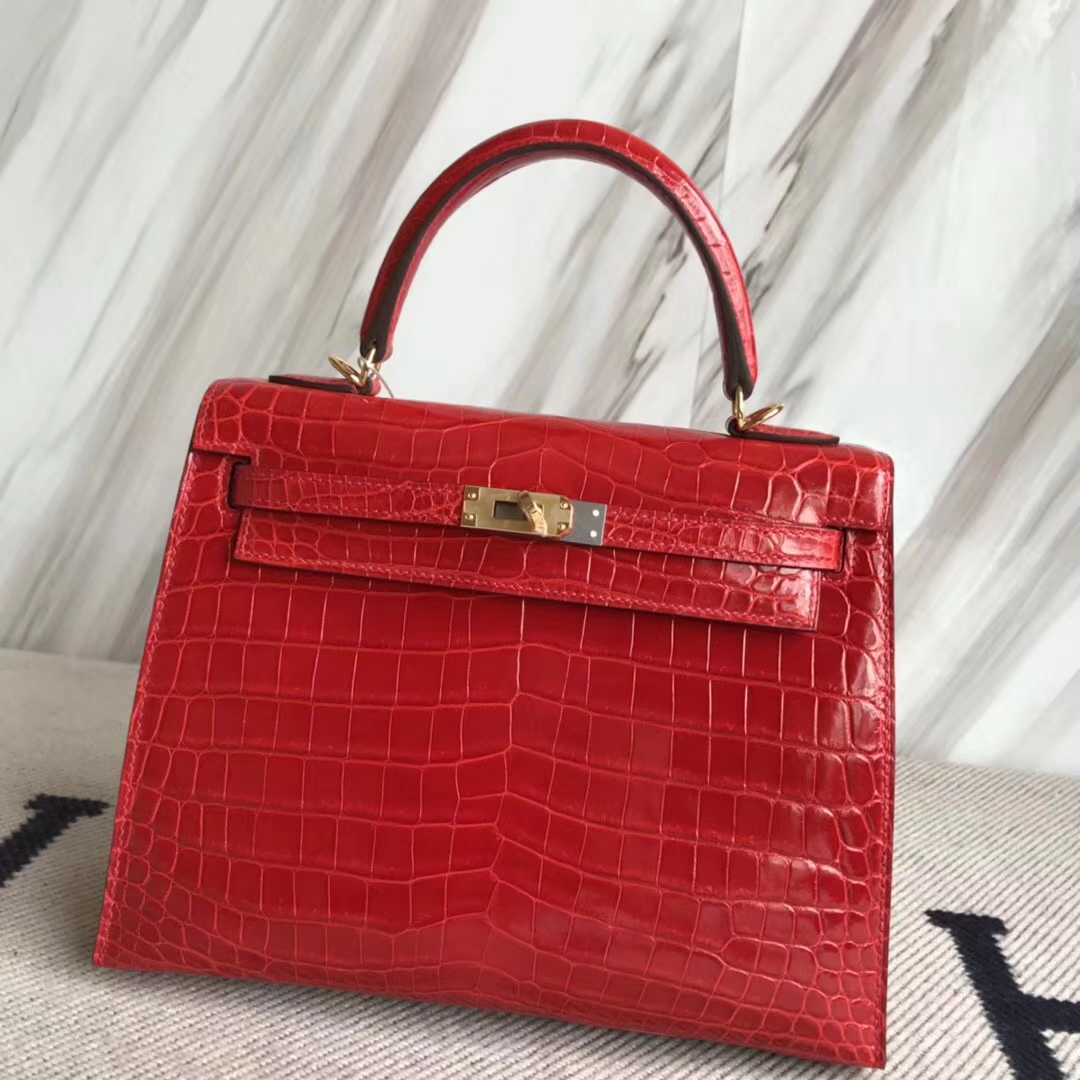 Pretty Hermes CK95 Braise Shiny Crocodile Kelly25CM Bag Gold Hardware