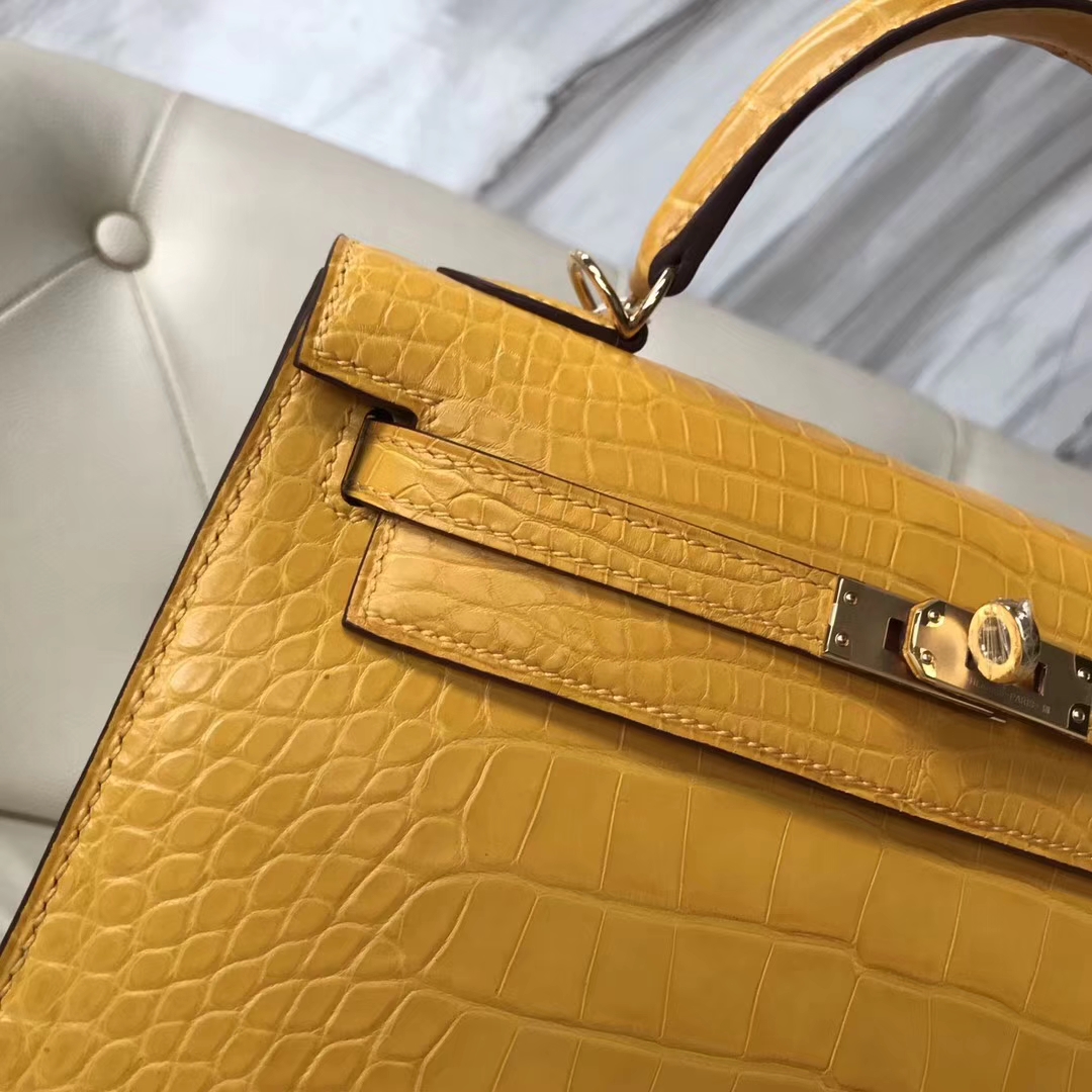 Fashion Hermes Matt Crocodile Leather Kelly Bag25CM in 9D Ambre Yellow Gold Hardware