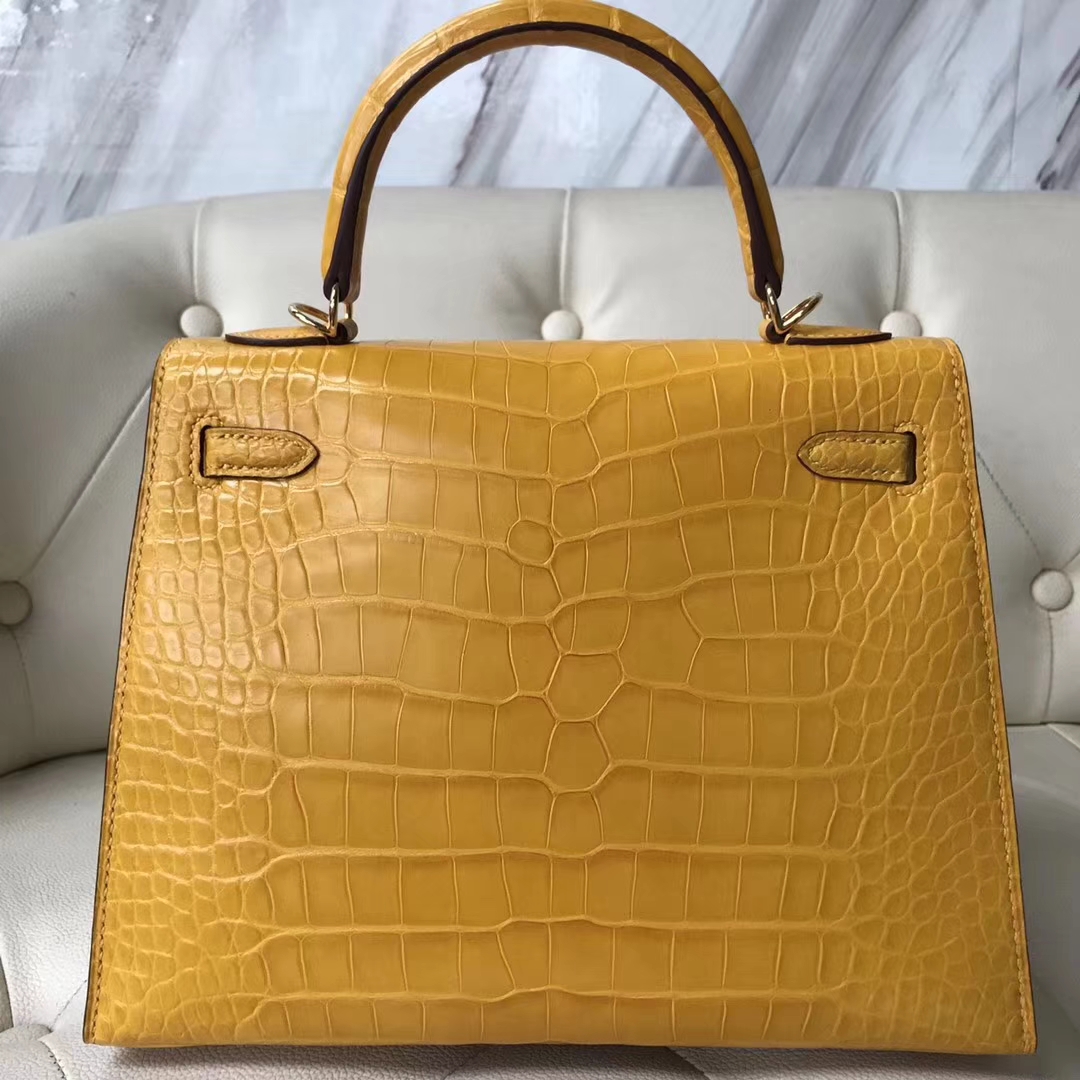 Fashion Hermes Matt Crocodile Leather Kelly Bag25CM in 9D Ambre Yellow Gold Hardware
