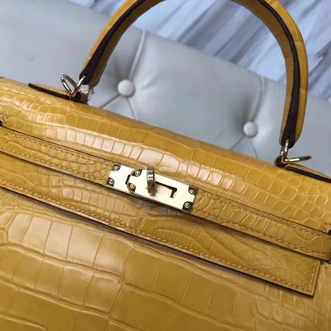 Fashion Hermes Matt Crocodile Leather Kelly Bag25CM in 9D Ambre Yellow Gold Hardware