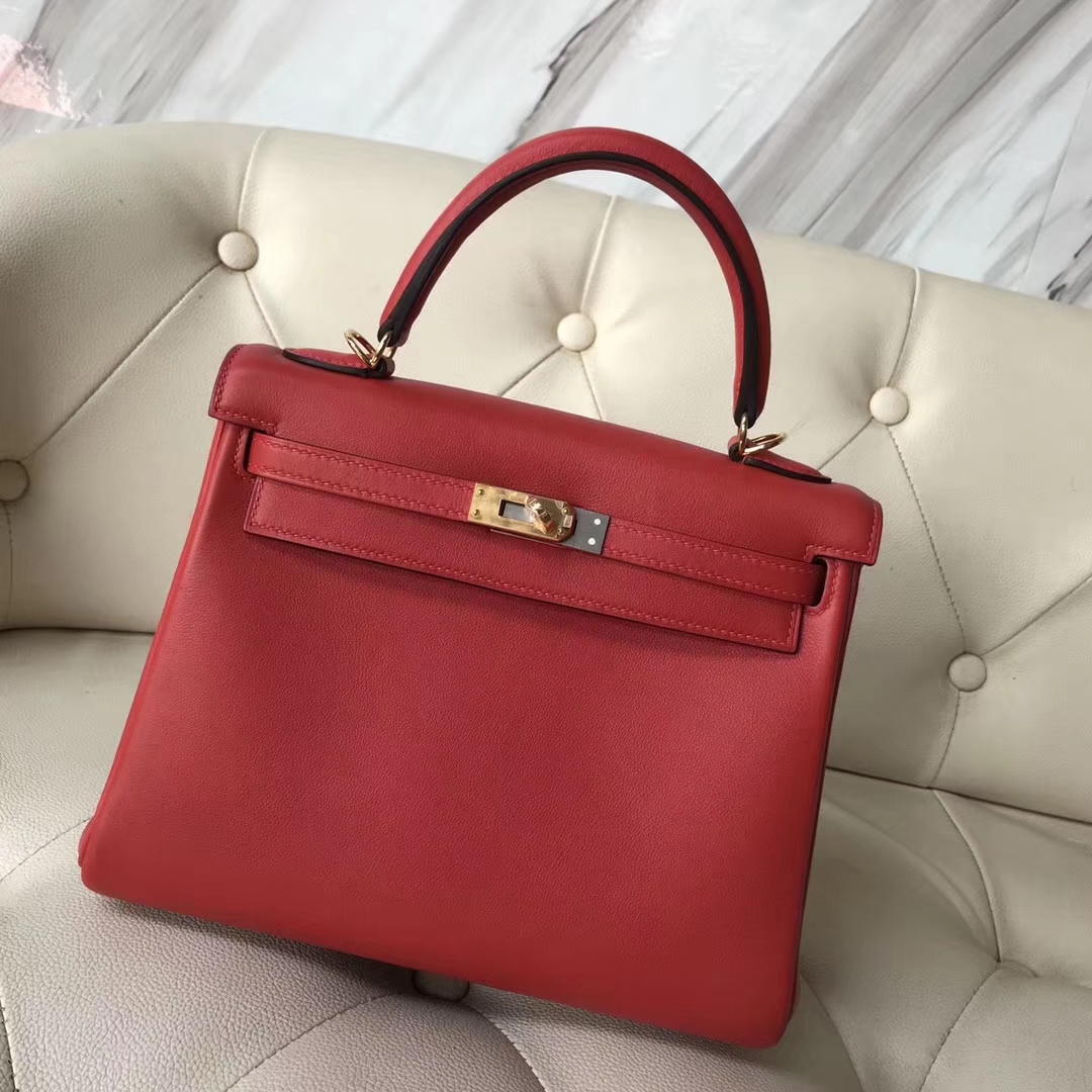 Wholesale Hermes S5 Rouge Tomate Swift Calf Kelly Bag28CM Gold Hardware