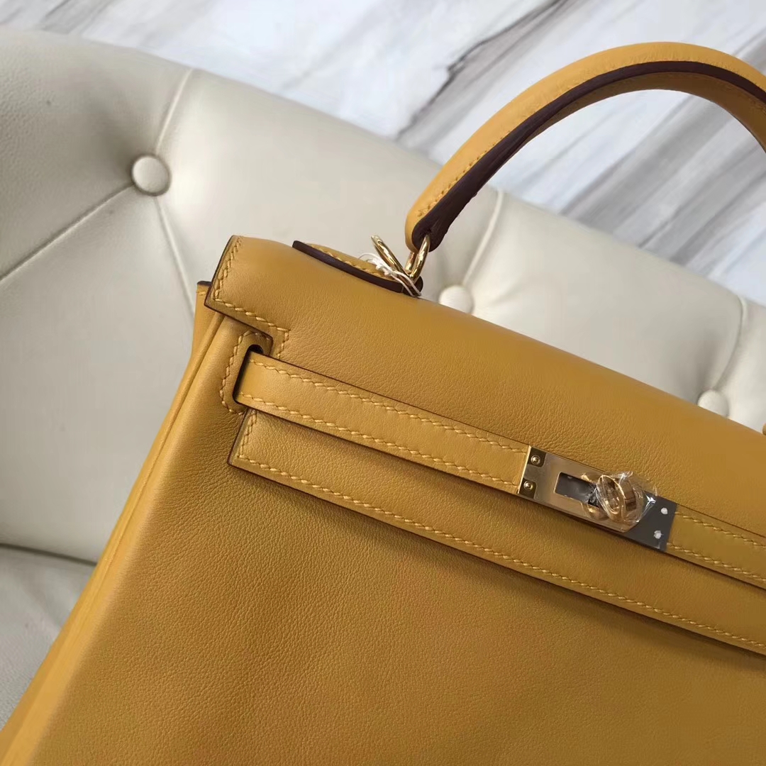 Fashion Hermes Swift Calf Kelly Bag25CM in 9D Ambre Yellow Gold Hardware