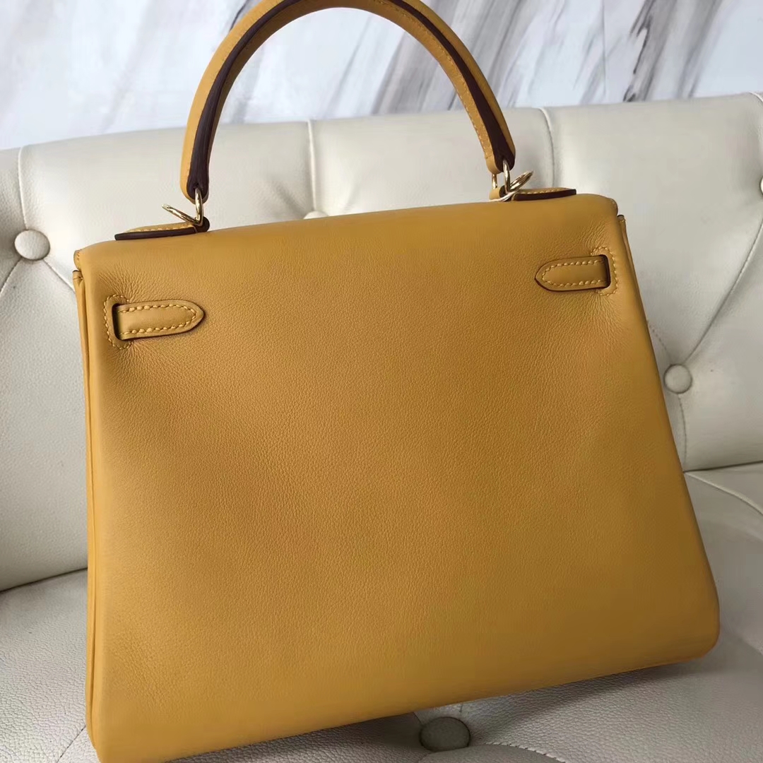 Fashion Hermes Swift Calf Kelly Bag25CM in 9D Ambre Yellow Gold Hardware