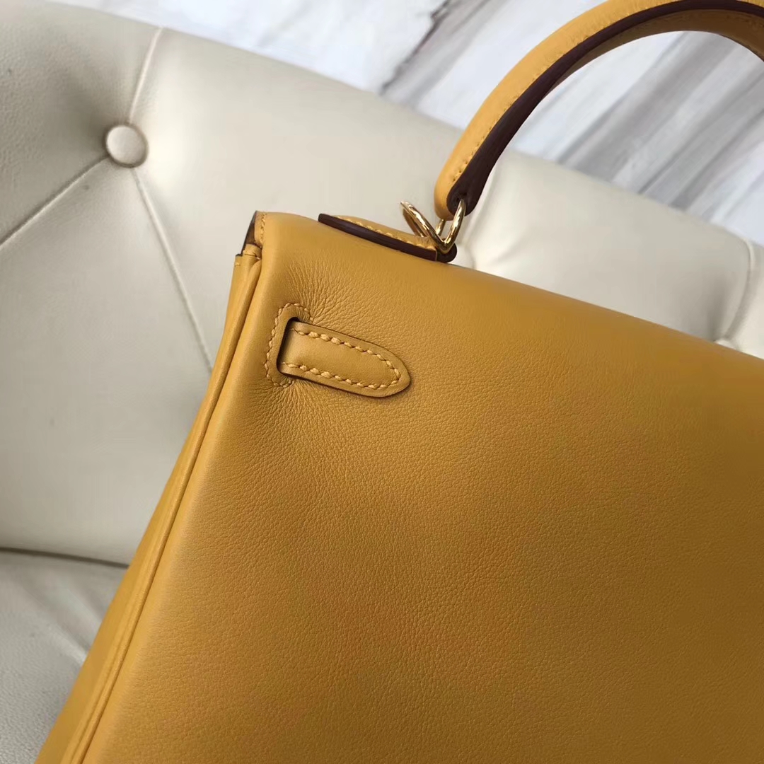 Fashion Hermes Swift Calf Kelly Bag25CM in 9D Ambre Yellow Gold Hardware