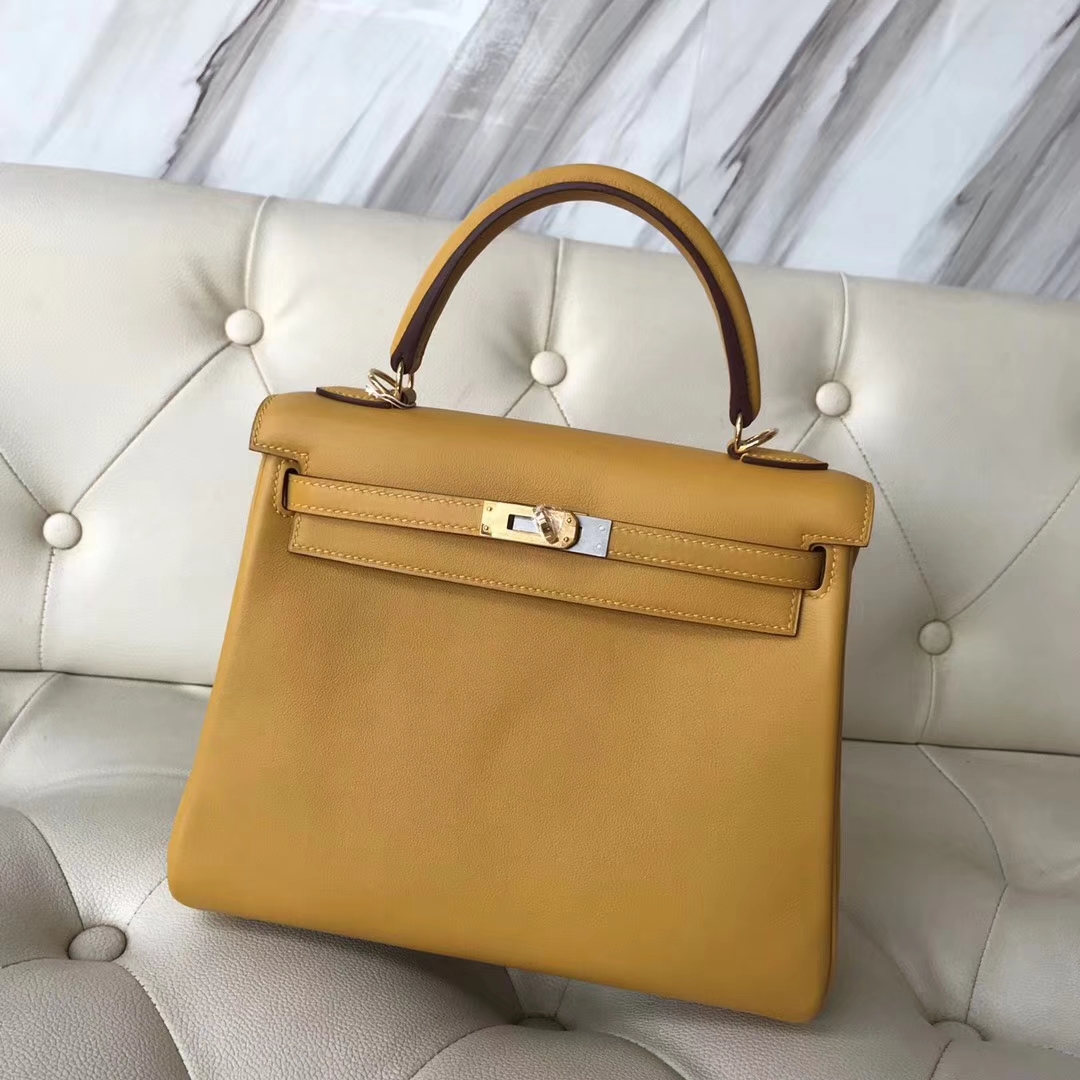 Fashion Hermes Swift Calf Kelly Bag25CM in 9D Ambre Yellow Gold Hardware