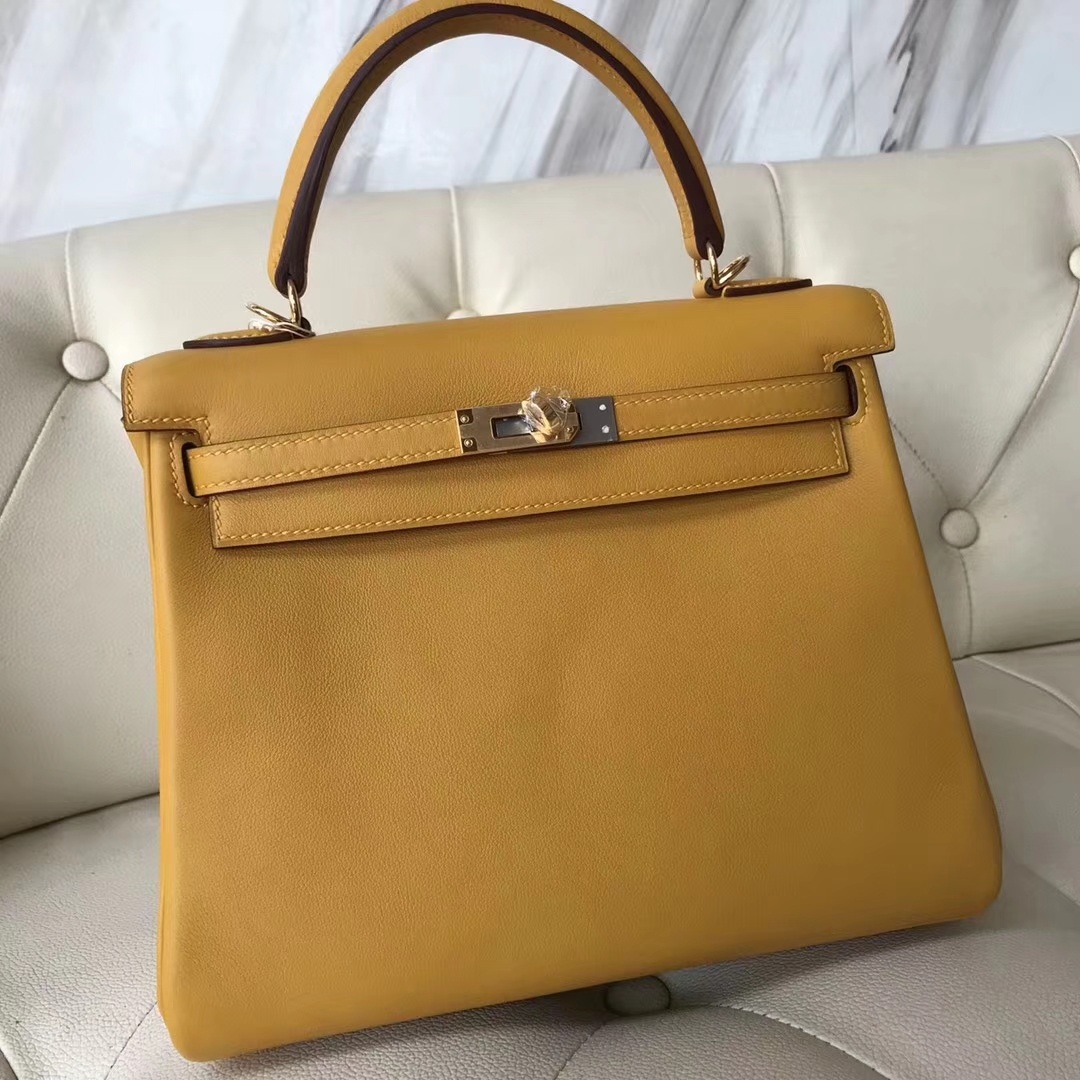 Fashion Hermes Swift Calf Kelly Bag25CM in 9D Ambre Yellow Gold Hardware