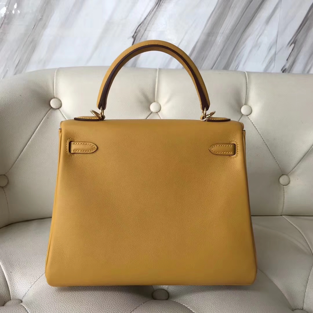 Fashion Hermes Swift Calf Kelly Bag25CM in 9D Ambre Yellow Gold Hardware