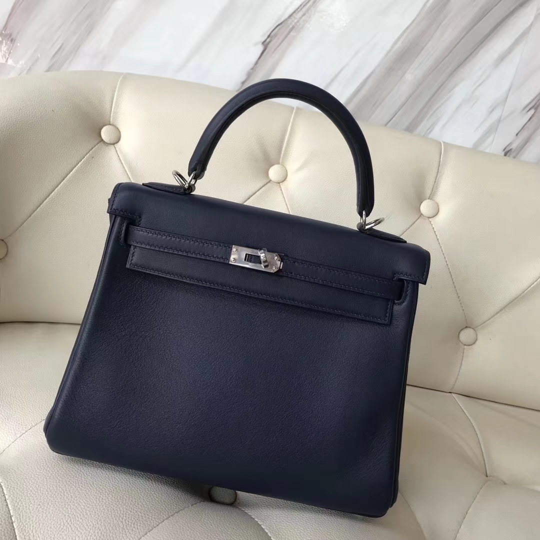 Wholesale Hermes Blue Indgo Swift Calf Kelly Bag25CM Silver Hardware