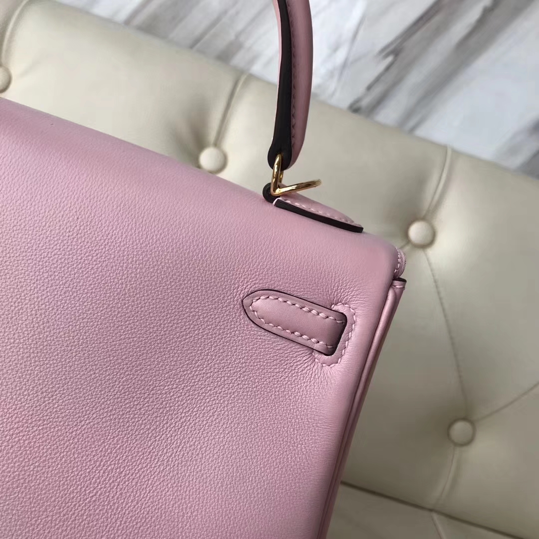 Pretty Hermes 3Q Rose Barbie Swift Calf Retourne Kelly25CM Bag Gold Hardware