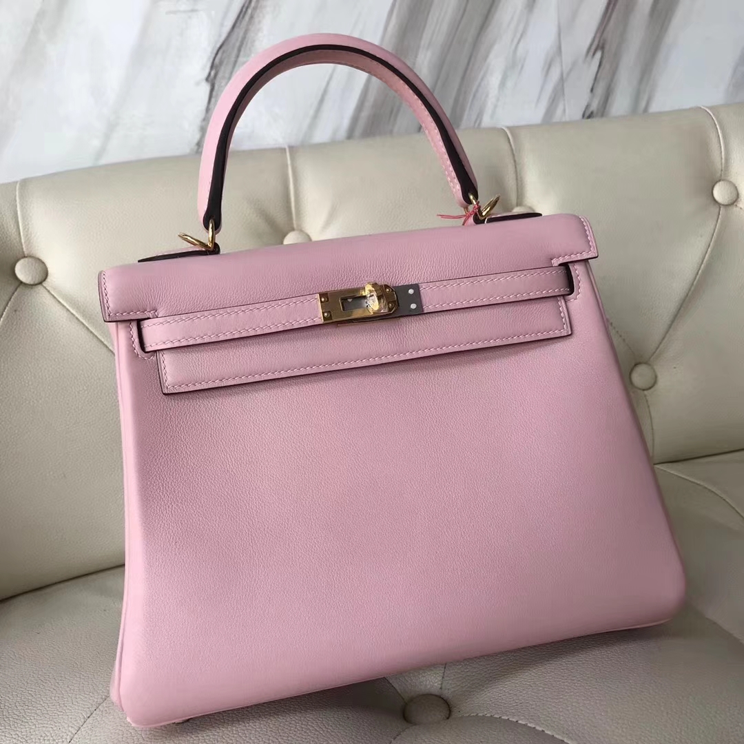 Pretty Hermes 3Q Rose Barbie Swift Calf Retourne Kelly25CM Bag Gold Hardware