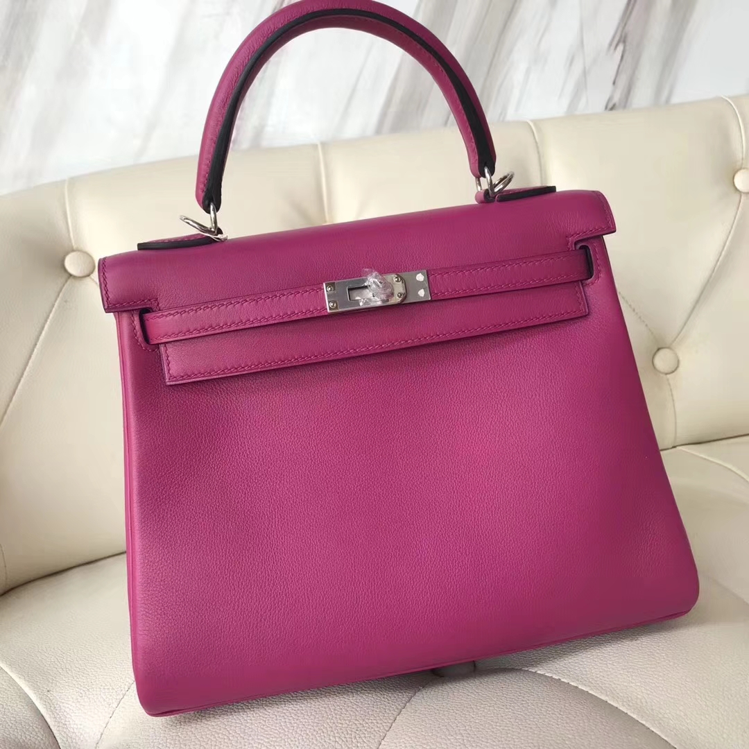 Fashion Hermes L3 Rose Purple Swift Calf Retourne Kelly25CM Bag Silver Hardware