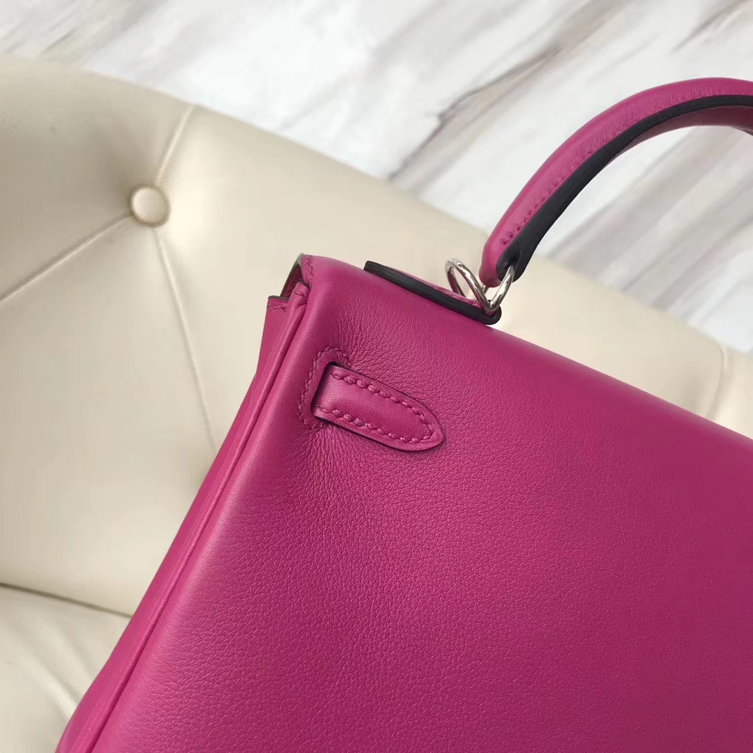 Fashion Hermes L3 Rose Purple Swift Calf Retourne Kelly25CM Bag Silver Hardware