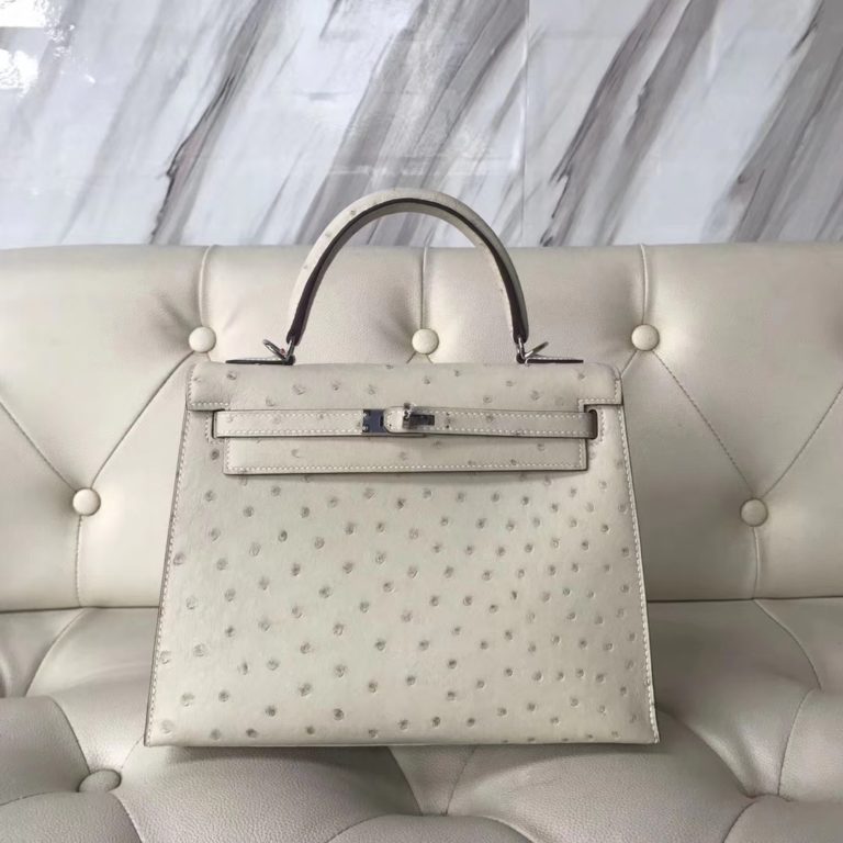 Hermes 3C Wool White Ostrich Leather Kelly Bag 25CM Silver Hardware