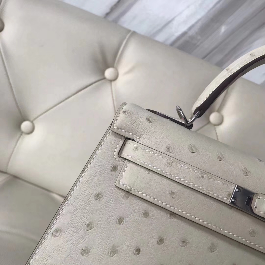 Noble Hermes 3C Wool White Ostrich Leather Kelly Bag25CM Silver Hardware