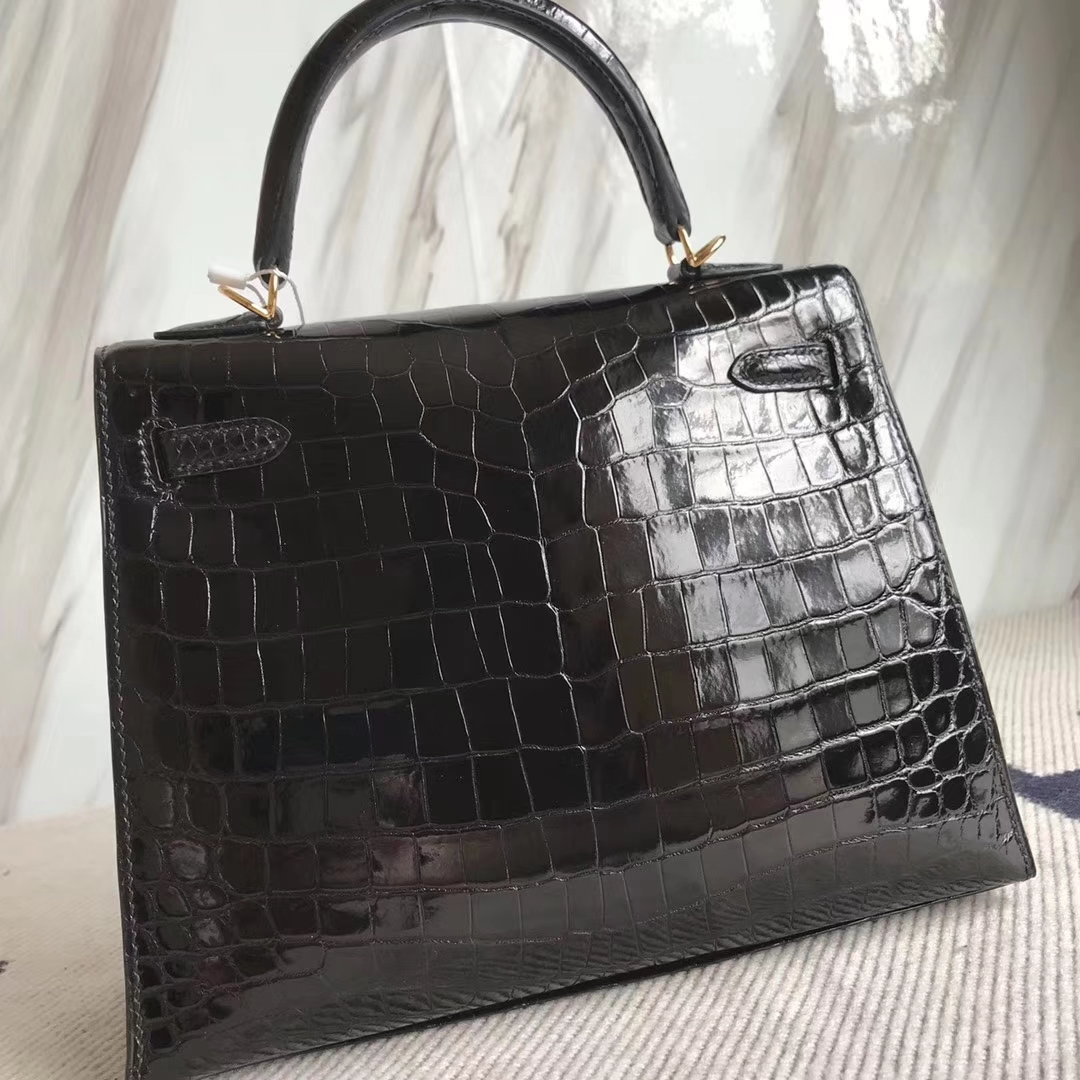 Noble Hermes Kelly Bag25CM in CK89 Black Shiny Crocodile Leather Gold Hardware