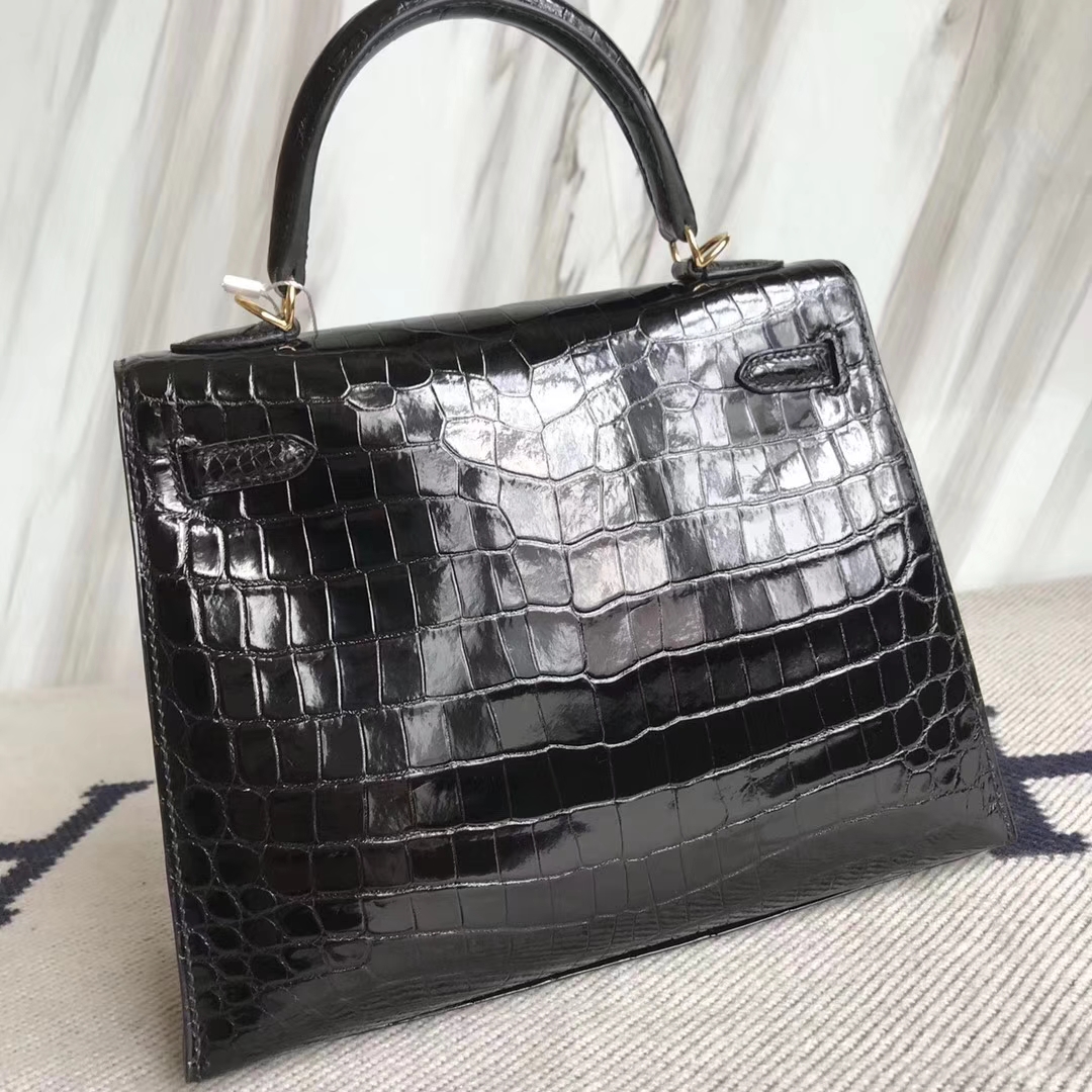 Noble Hermes Kelly Bag25CM in CK89 Black Shiny Crocodile Leather Gold Hardware