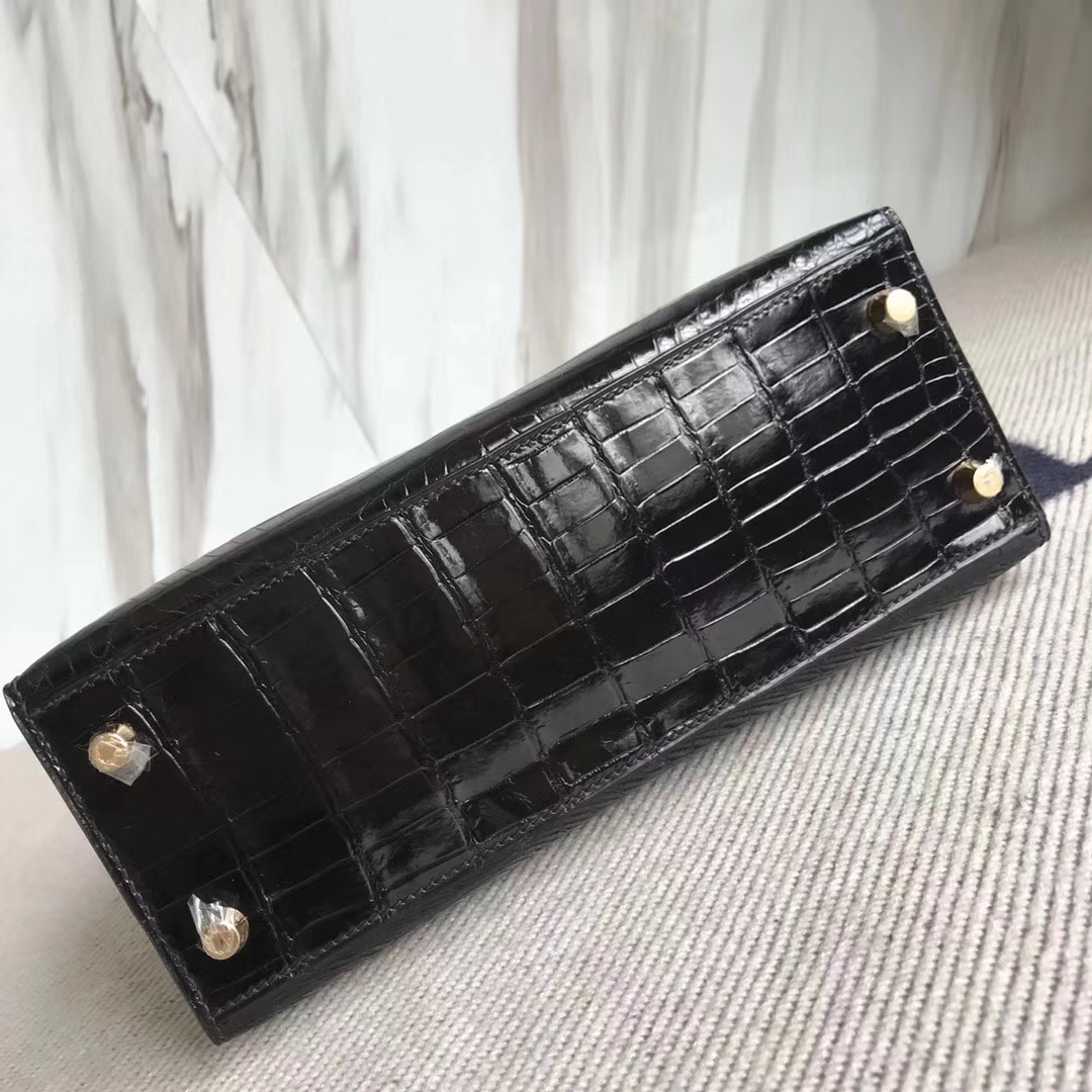 Noble Hermes Kelly Bag25CM in CK89 Black Shiny Crocodile Leather Gold Hardware