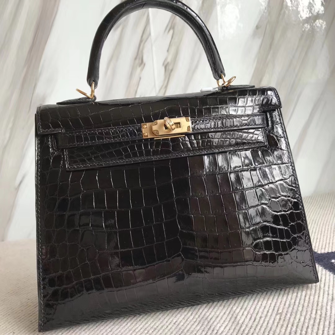 Noble Hermes Kelly Bag25CM in CK89 Black Shiny Crocodile Leather Gold Hardware